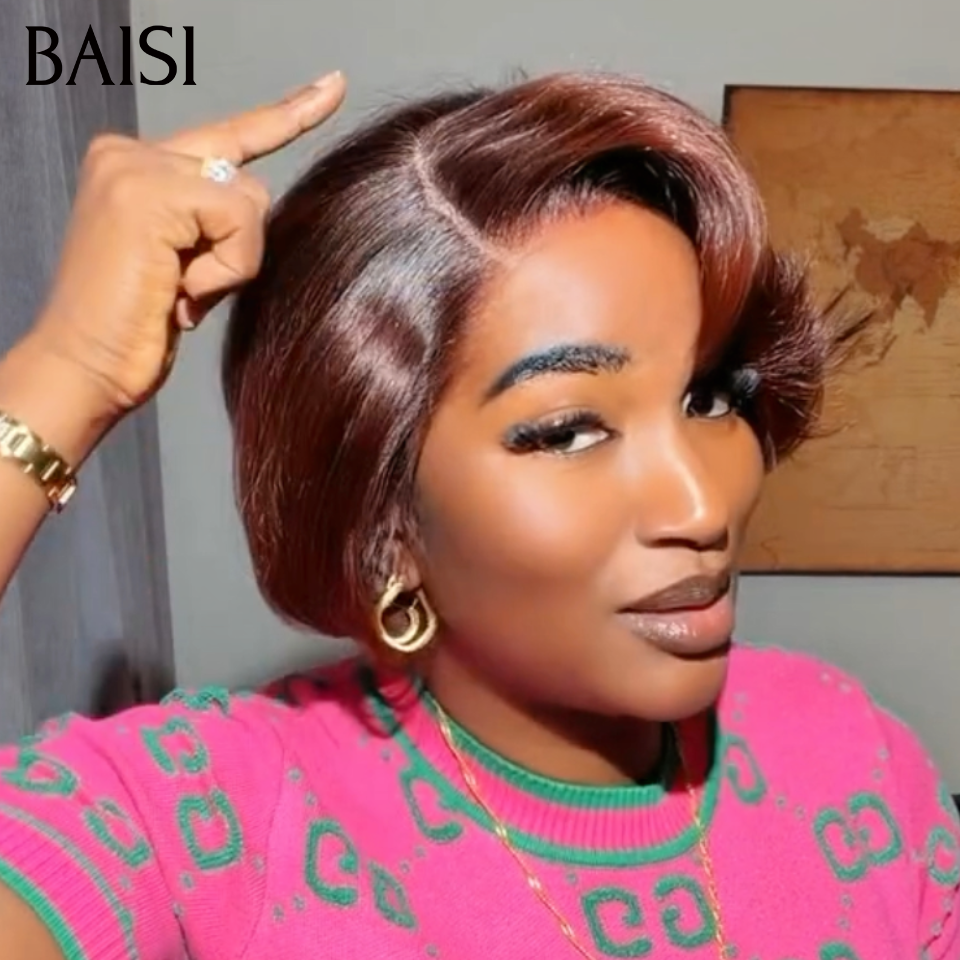BAISI 13X4 Lace sans colle Perruque Pixie Bouclée Marron 4/30# 79€ Avec Raie de Coté Très Bonne Qualité en 100% Cheveux Humains