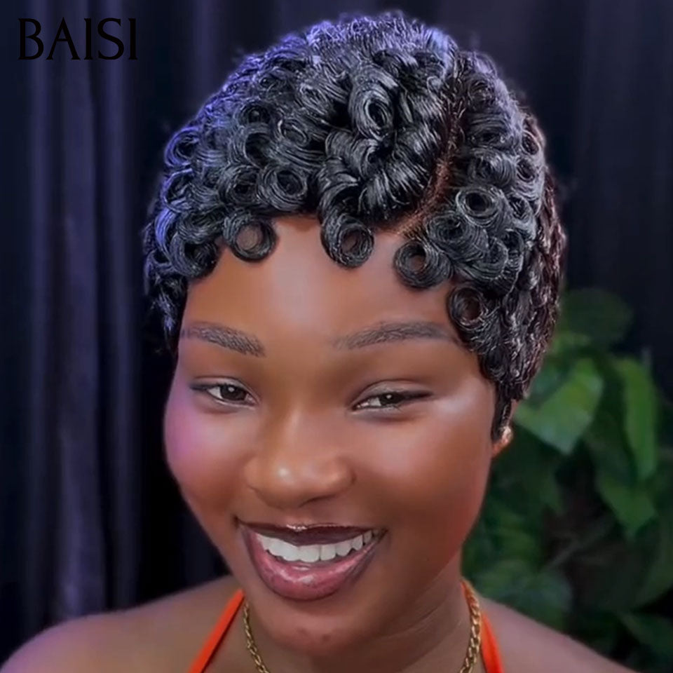 BAISI 13x4 Frontale Perruque Pixie Chioma Noire 65€ Seulement Prêt à porter A la Mode En 100% Cheveux Humains