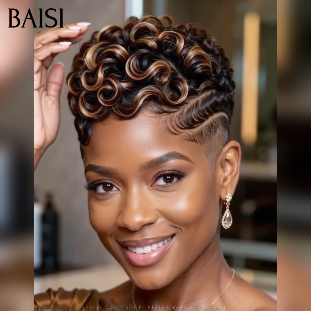 BAISI Perruque Pixie Lisse Noir Ombré Marron 1B/4# 68€ Sans Colle Sans Lace Couleurs Trois Tons Original en 100% Cheveux humains