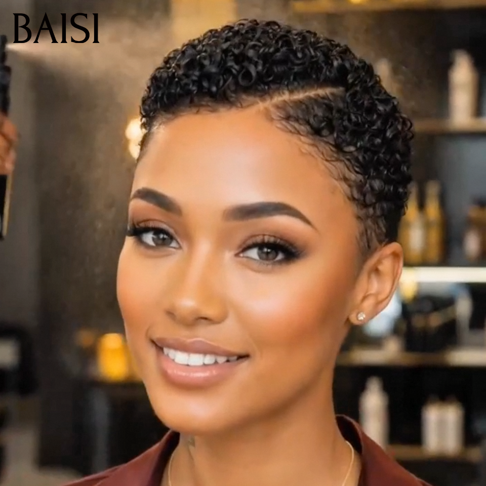 BAISI 13x4 Lace Perruque Pixie Kinky Curly Déjà Coiffée 72€ Couleur Noir 1B# 100% Identique Très Bonne Qualité en 100% Cheveux humains