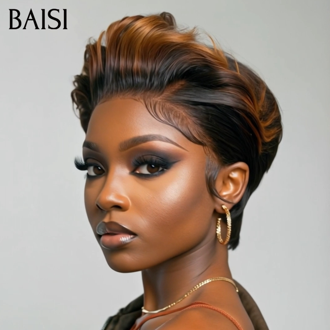BAISI 13x4 Lace Perruque Pixie Lisse Couleur Noir et Marron Clair 1B/30 La Classe Totale Pour Femme Affairée en 100% Cheveux humains