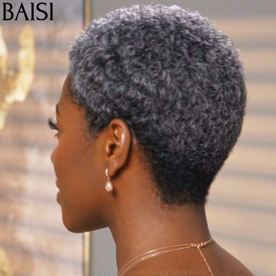 BAISI Perruque Pixie Frisée Afro Courte Gris Collection Poivre et Sel 78€ Sans Colle Sans Lace Excellente Cadeaux de Grand Mère en 100% Cheveux humains
