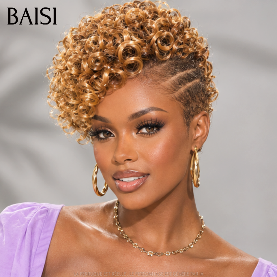 BAISI Full Lace Perruque Courte Déjà Coiffée Curly 178€ Couleur Marron Clair 4/30# Elégante et Respirante en 100% Cheveux humains