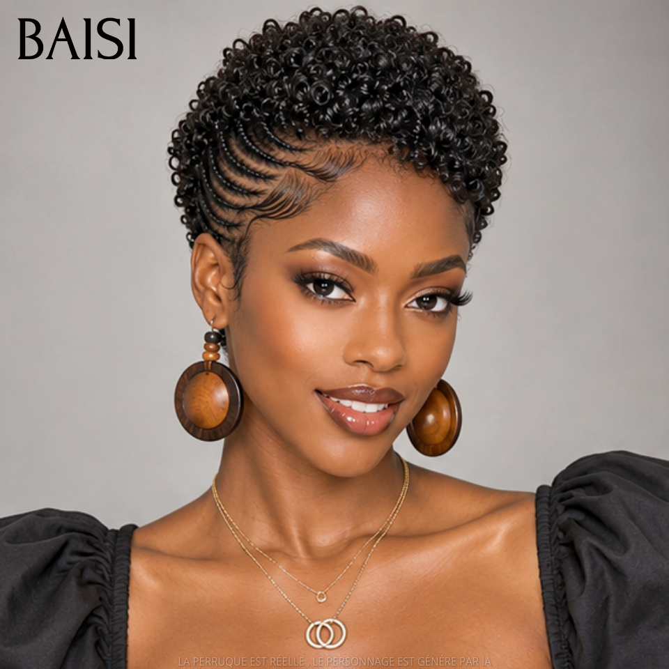 BAISI Full Lace Perruque Pixie Courte Frisées Aves Nattes de Côté Déjà Coiffée 159€ Couleur Noir #1B Très Bonne Qualité 100% Cheveux humains MP50