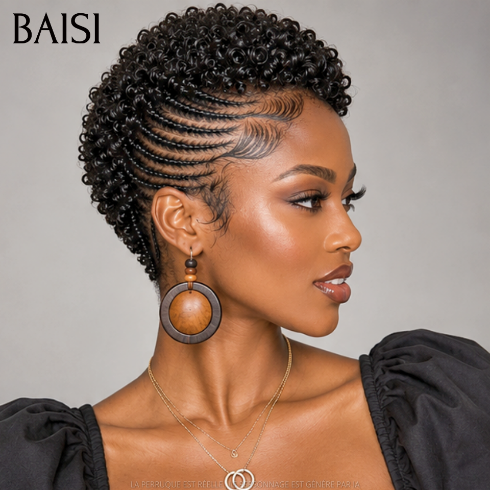 BAISI Full Lace Perruque Pixie Courte Frisées Aves Nattes de Côté Déjà Coiffée 159€ Couleur Noir #1B Très Bonne Qualité 100% Cheveux humains MP50