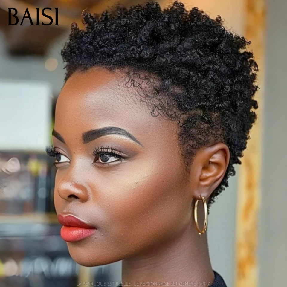 BAISI 2 Courtes 75€ pixie afro Sans Colle ou 2 Perruques sans colle Body wave et curly wave 18 pouces en 100% vrais cheveux humains VIP150