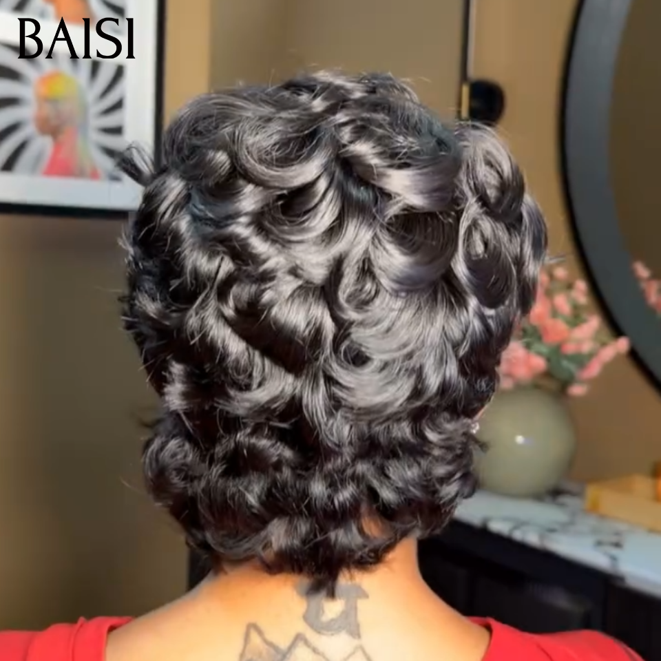 BAISI 13X4 lace Perruque Pixie Vague Elégante 6 Pouces Curly wave Noir 55€ Seulement en 100% Cheveux Humains