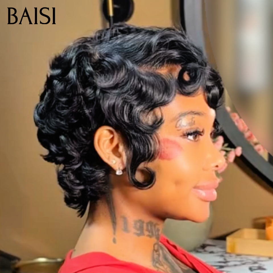 BAISI 13X4 lace Perruque Pixie Vague Elégante 6 Pouces Curly wave Noir 55€ Seulement en 100% Cheveux Humains