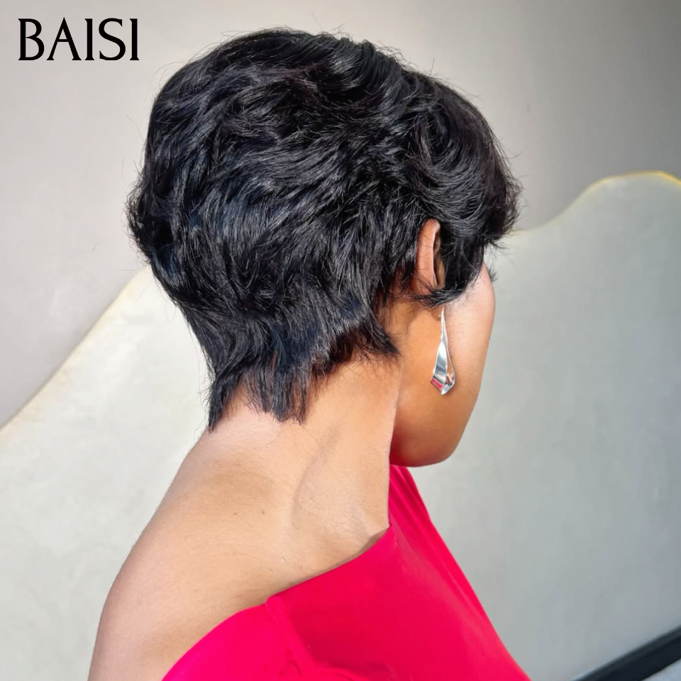 BAISI 13X4 lace Perruque Pixie Lisse Noir 6Pouces Prix Promo 68€ Seulement en 100% Cheveux Humains