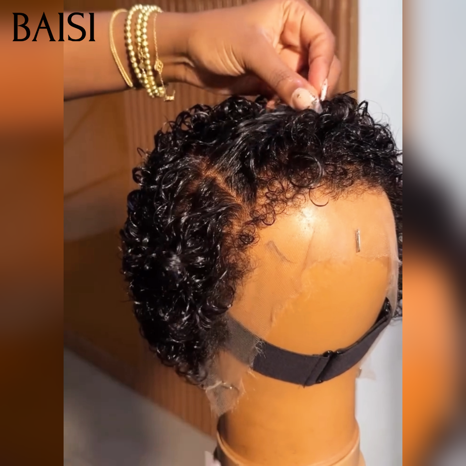 BAISI Perruque Pixie Curly Noir Lace Frontal 13x4 ou Full Lace Ou Perruque Pixie Afro sans lace sans colle différente Couleur en 100% cheveux humains