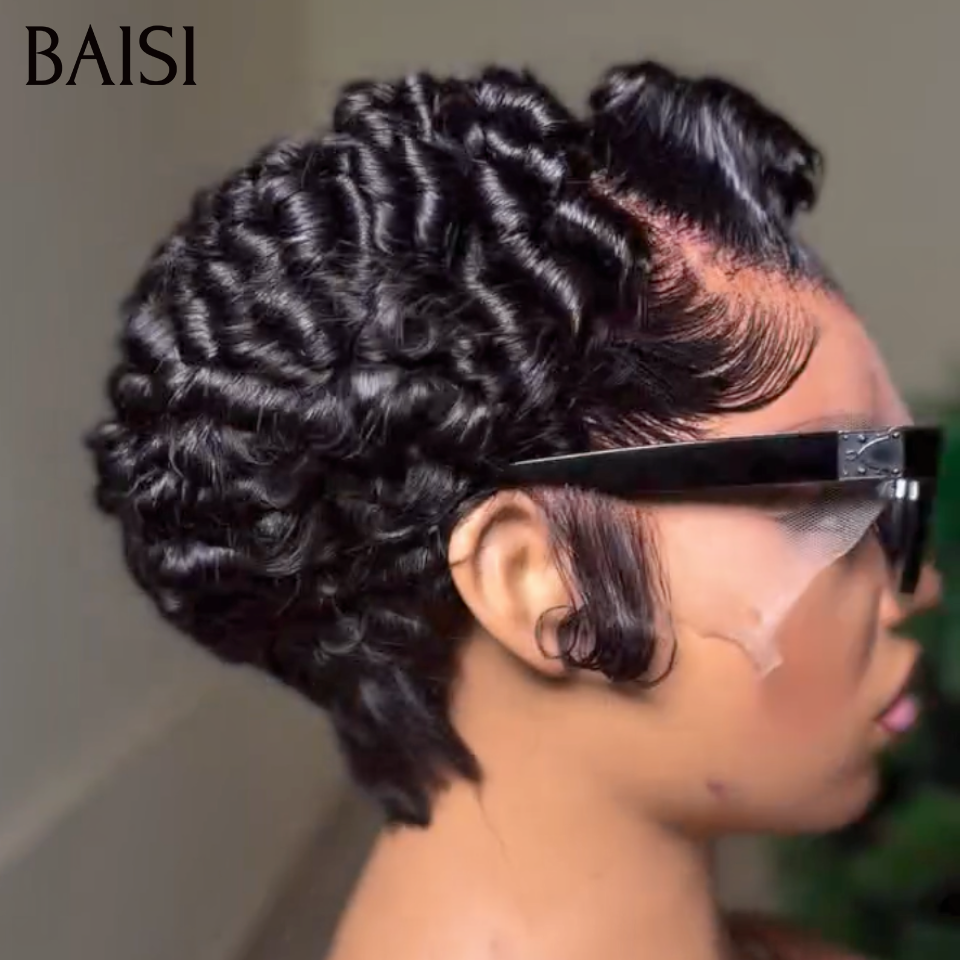BAISI 13x4 Lace Perruque Pixie Wave Déjà Coiffée 84€ Couleur Marron Noir 1B# Style Moderne en 100% Cheveux humains