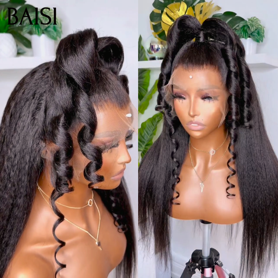 BAISI 13x4 lace Perruque Coiffée Kinky Straight Noir 1B# Raw Hair A partir de 99€ Seulement Coiffure Très Naturelle Irresistiblement Belle Seulement en 100% Cheveux Humains