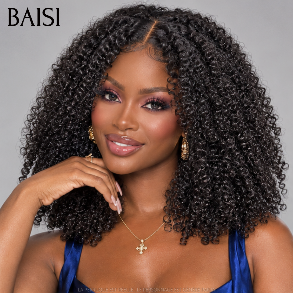 BAISI Grande SOLDES Perruque Closure 4x4 Naturelle Curly 12 Pouce 300% Densité Sans Colle Lace déjà couper Facile à Porter en 100% Vrais Cheveux Humains