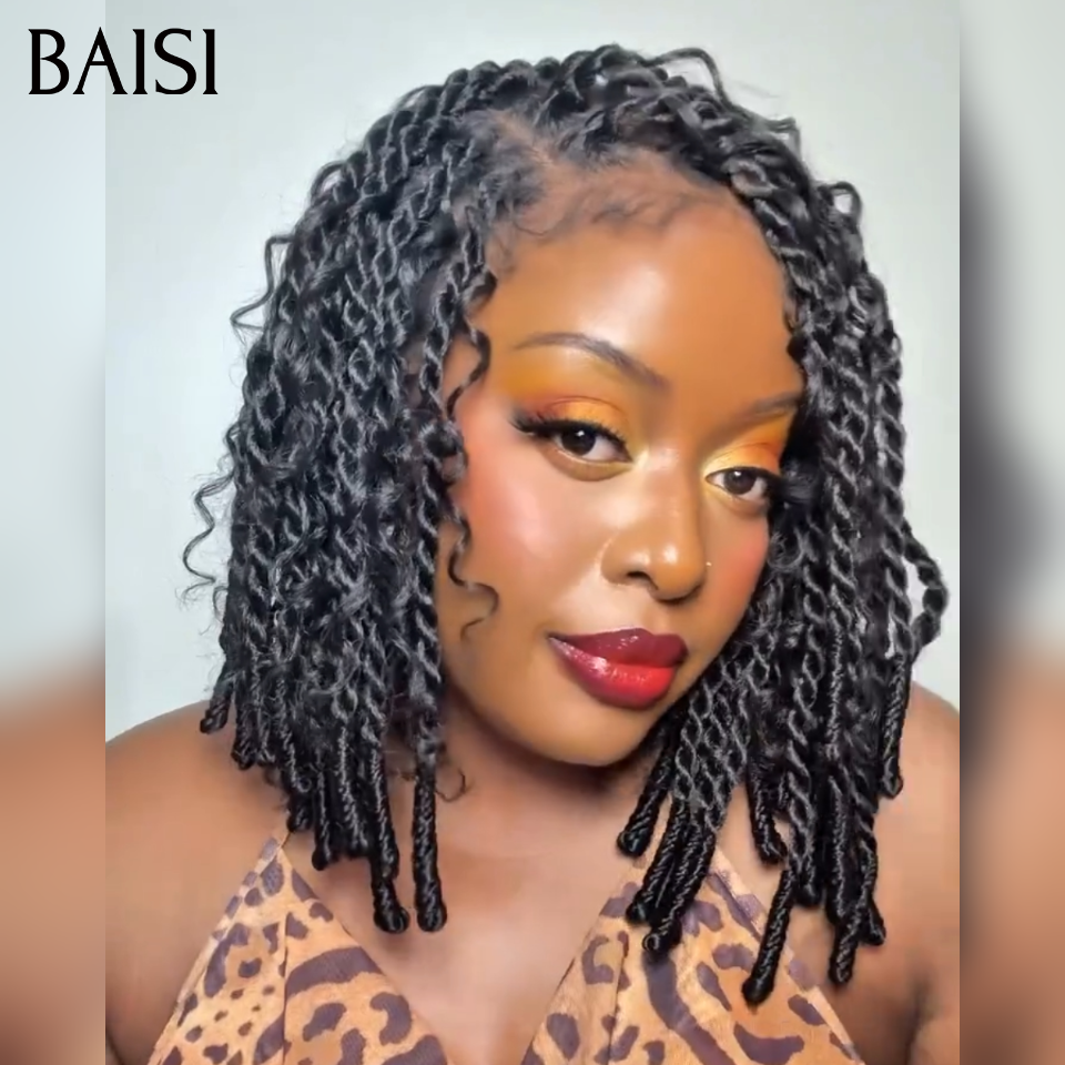 BAISI 13x4 Lace Perruque Bob Burmese Boucle Coiffée Double Tresse Naturelle Look Irresistible 10Pouces 118€ en 100% Cheveux humains