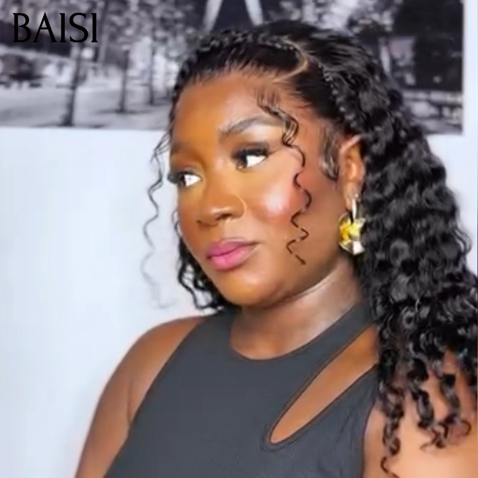 BAISI 13x4 Lace Perruque Coiffée Bouclée Curly Devanture nattes en Serre Tête Couleur Noir Coiffure Sublime en 100% Cheveux humains