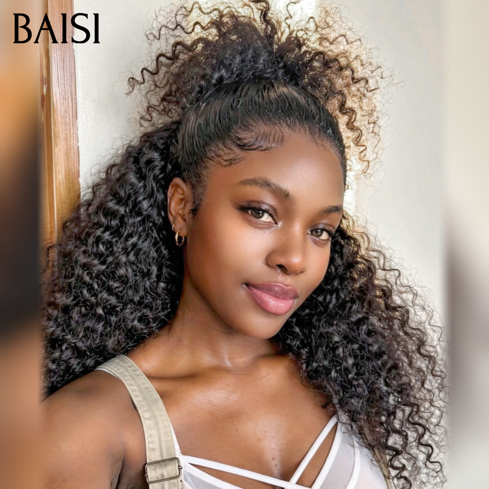 BAISI 13x4 lace frontal Perruque Curly Coiffée 20Pouces 139€ avec Chignon Prêt à Porter en 100% Cheveux Humains