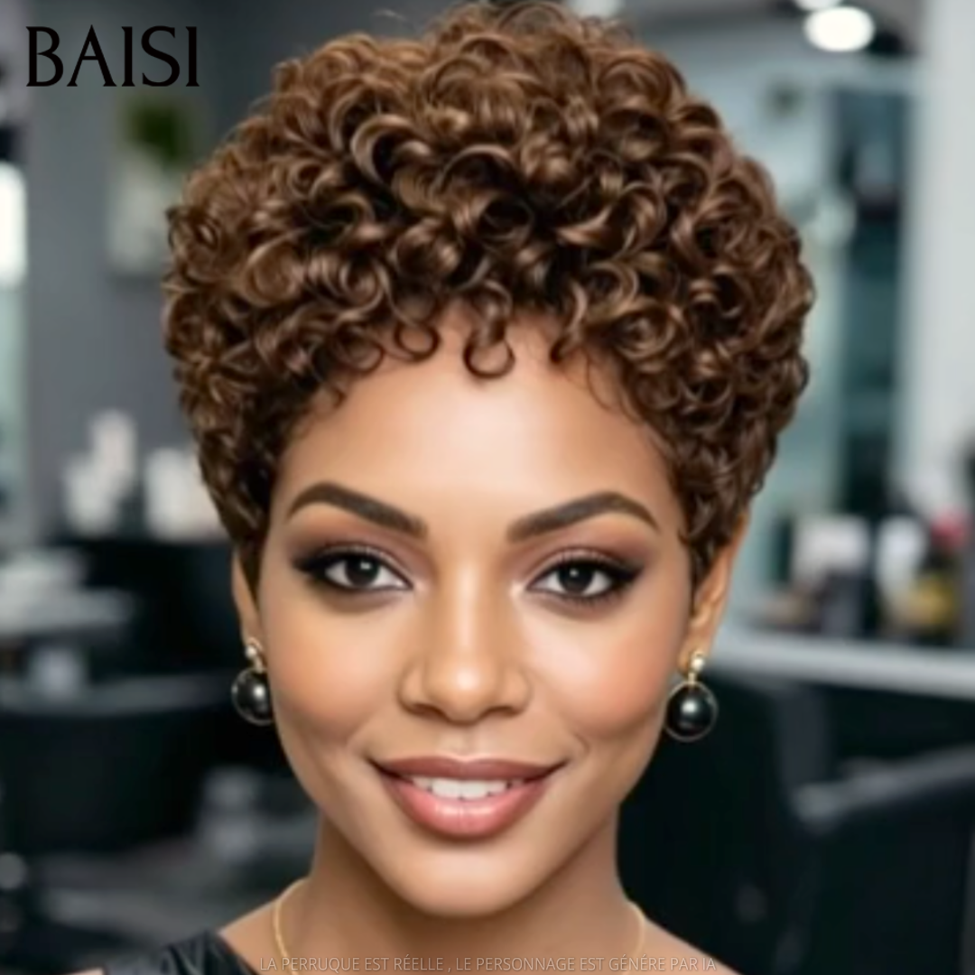 BAISI Perruque Pixie Curly Courte Marron 68€ Sans Colle Sans Lace Pratique Au Quotidien en 100% Cheveux humains