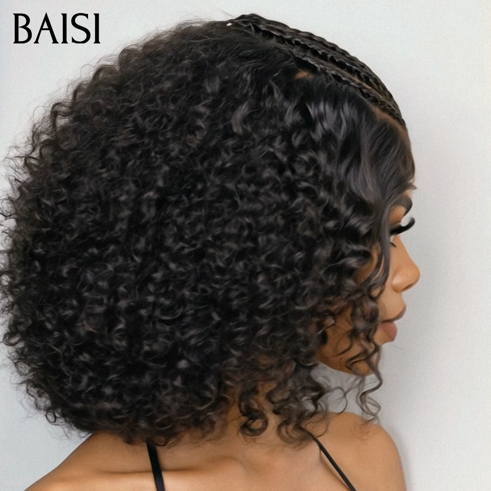 BAISI 13x4 lace Perruque Coiffée Curly Wave Frisée Noir 1B# Devanture Deja Tressés Petites Nattes Contre Chaleur en 100% Cheveux Humains