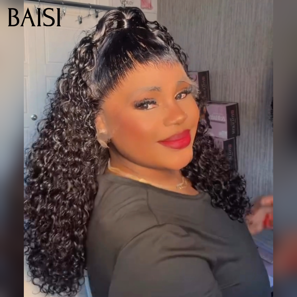 BAISI 13x4 lace Perruque Coiffée Kinky Curly Coiffure Demi Chignon Boucle bien serrée 18Pouces 158€ Prix très Abordable Déjà Prête à Porter en 100% Cheveux humains