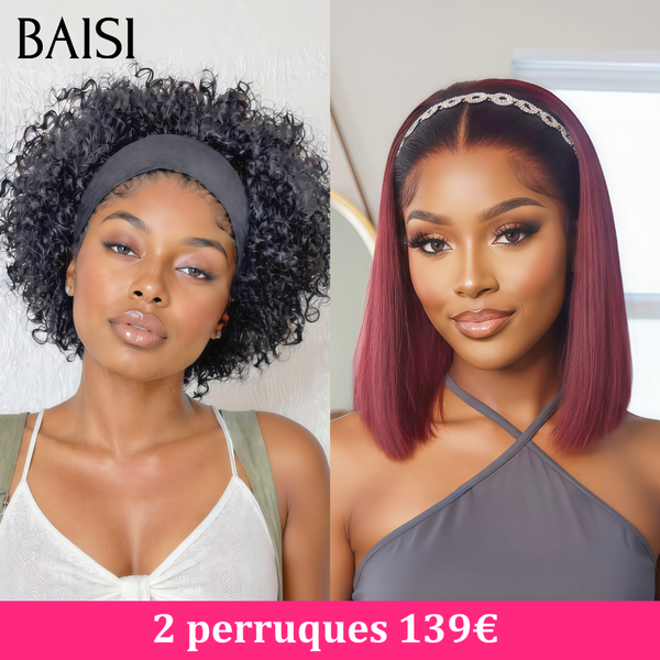 BAISI Lot de 2 perruques avec bandeau noir 1B# + 2x6 Lace Bob Vietnam hair rouge 99J# 10 Pouces 139€ Seulement Prix pas Chèr Très Bonne Qualité en 100% Cheveux Humains