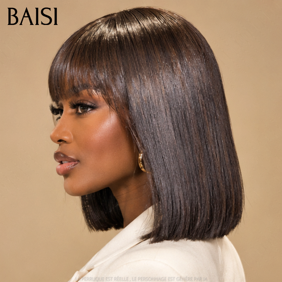 BAISI BLACK FRIDAY PROMO 8 pouce 81€ 15A SDD BONE STRAIGHT Lisse bob sans lace avec frange Perruques de Luxe 100% Cheveux Humains