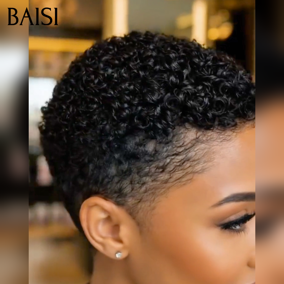 BAISI 13x4 Lace Perruque Pixie Kinky Curly Déjà Coiffée 72€ Couleur Noir 1B# 100% Identique Très Bonne Qualité en 100% Cheveux humains
