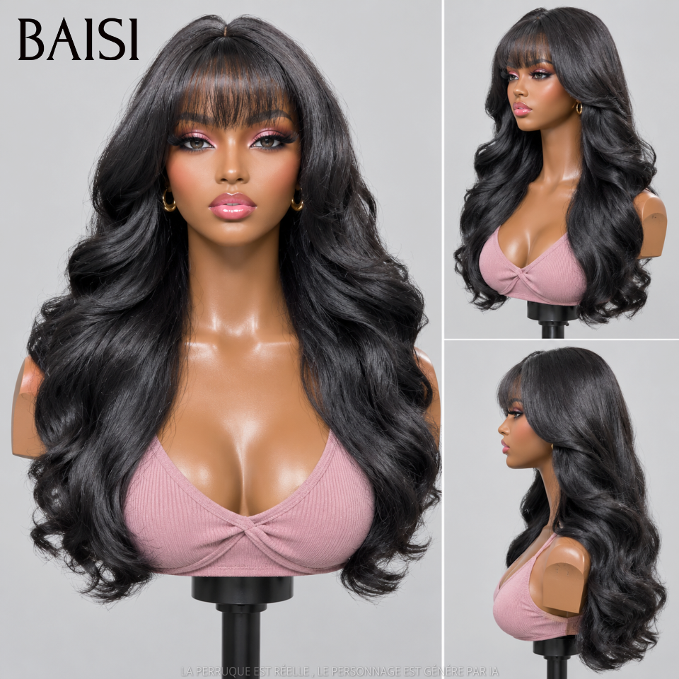 BAISI Perruques pour revendre long Lisse avec Frange couleur NOIR avec 13x4 lace frontal en 100% vrais cheveux humains