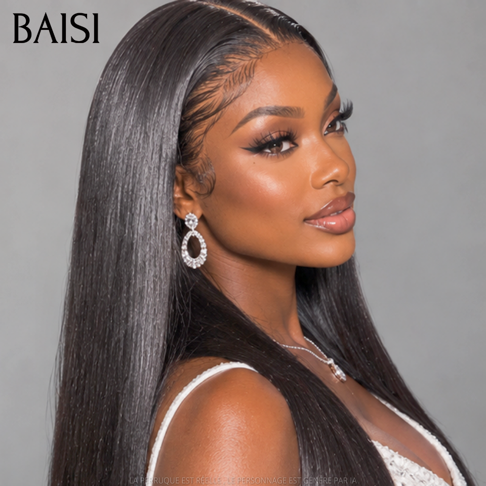 BAISI 13x4 HD lace Perruque Lisse en Noir Sans Colle Lace déjà couper Facile à Porter en 100% Cheveux Humains