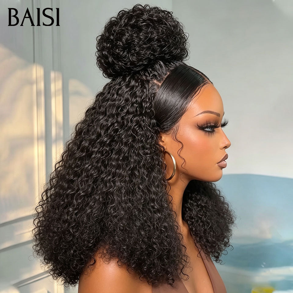 BAISI 13x4 lace frontal Perruque Frisée Curly 20Pouces Déjà Coiffée Sans Colle Couleur Noir Beaucoup de Volume très Bonne Qualité en 100% Cheveux Humains