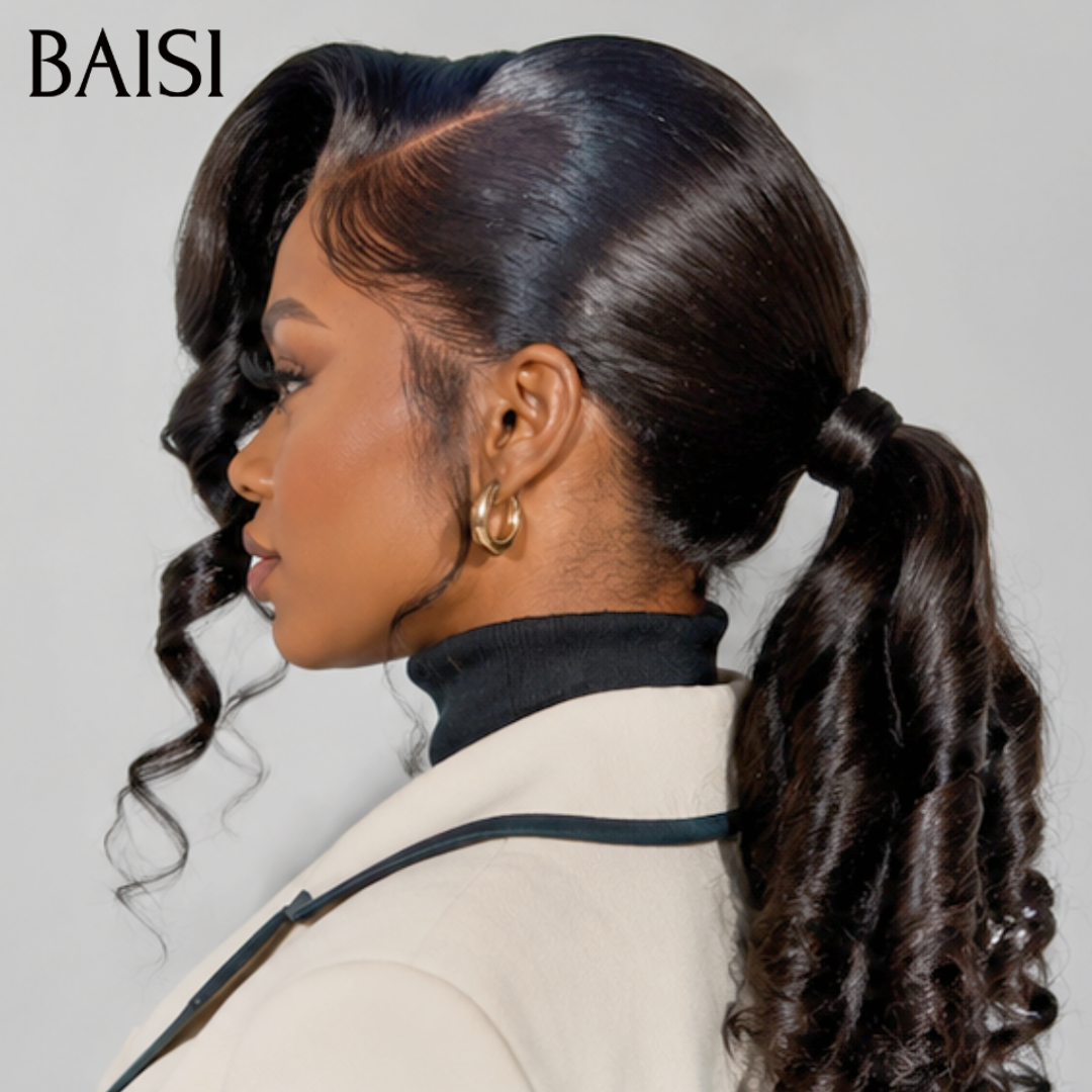BAISI 13x4 Lace Perruque Déjà Coiffée Boucle Egg Wave Couleur Noir 20pouces 266€ 100% Vietnam Hair Meilleure Qualité en 100% Cheveux humains