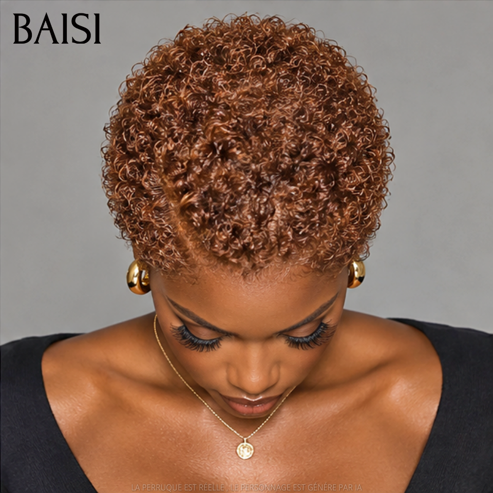 BAISI Full Lace Perruque Pixie Courte Crépus Coiffée 138€ Couleur Marron Glacé #33 Super A la Mode et Sexy en 100% Cheveux humains