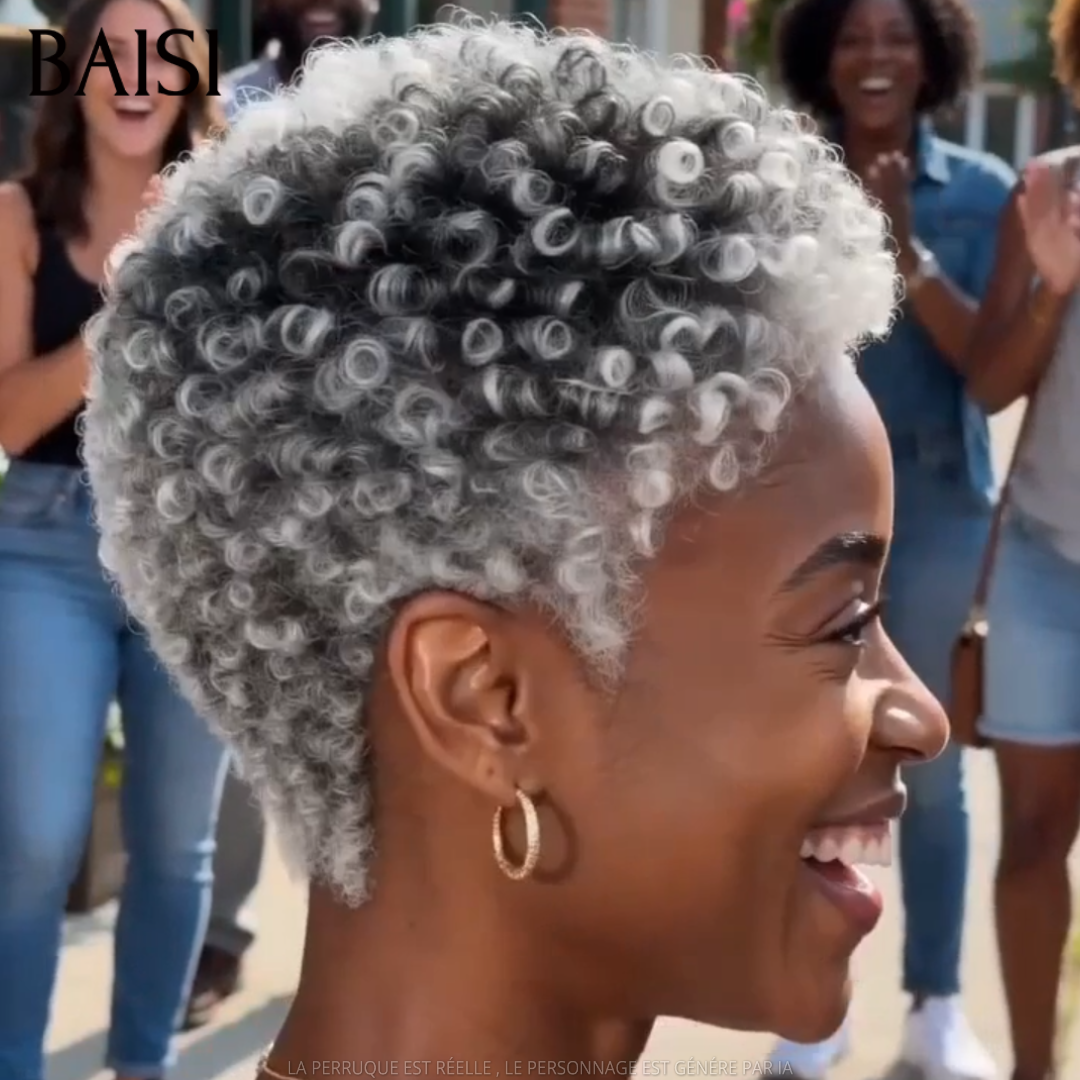 BAISI Perruque Pixie Bouclée Grise et Noir Couleur Personnalisée 88€ Sans Colle Sans Lace 100% Cheveux humains