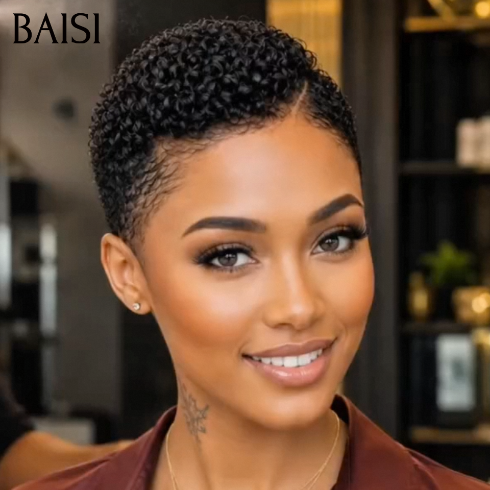 BAISI 13x4 Lace Perruque Pixie Kinky Curly Déjà Coiffée 72€ Couleur Noir 1B# 100% Identique Très Bonne Qualité en 100% Cheveux humains