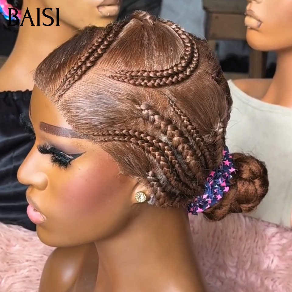 BAISI Full lace Perruque Deja Coiffée Nattes Pleine Lisse Noir 1B# Ou Marron 4# Très Respirante Contre Chaleur Confort Garantie Toute la Journée en 100% Cheveux Humains