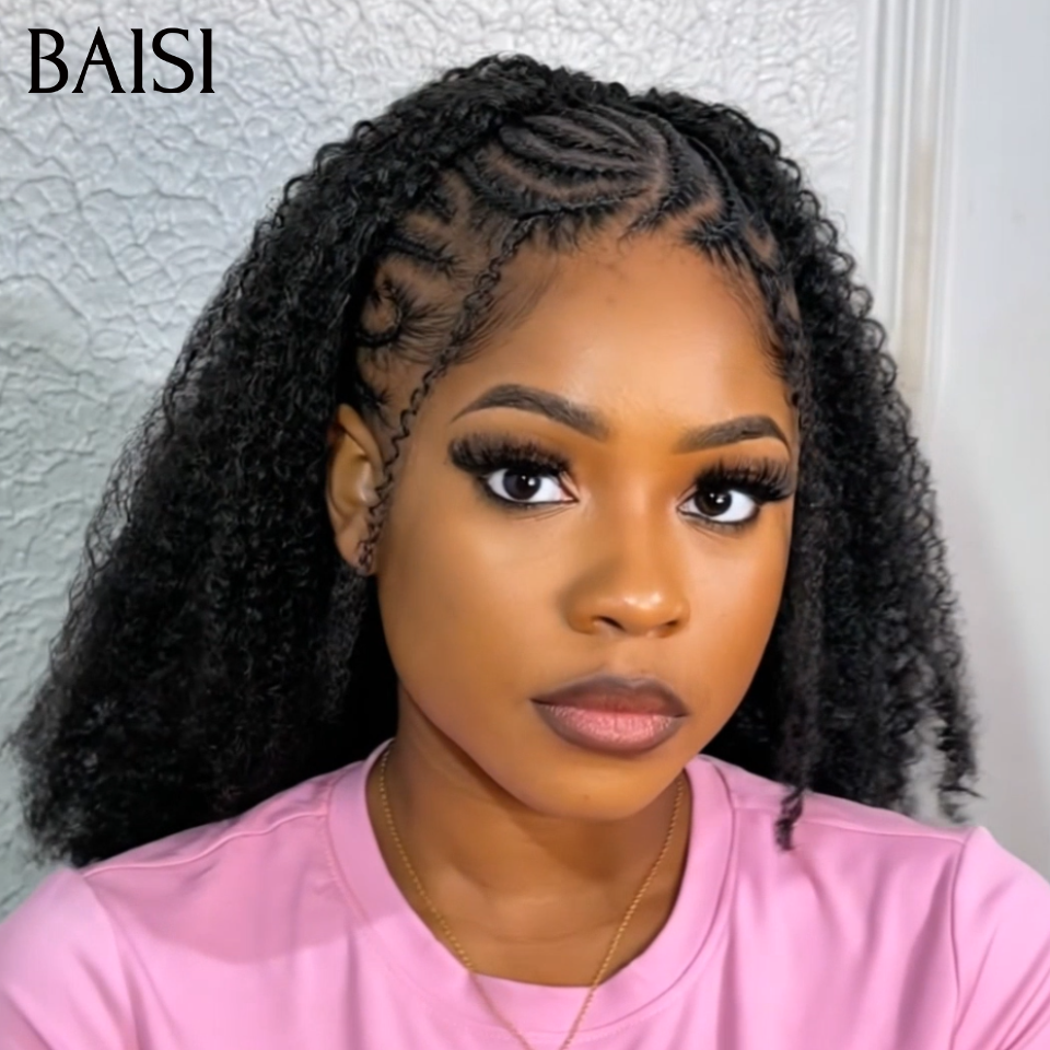 BAISI 13x4 lace Perruque Coiffée Kinky Curly Noir 1B# Devanture Tressée 100% Identique Deja Prête A Porter Solde Moitié Prix en 100% Cheveux Humains MP50