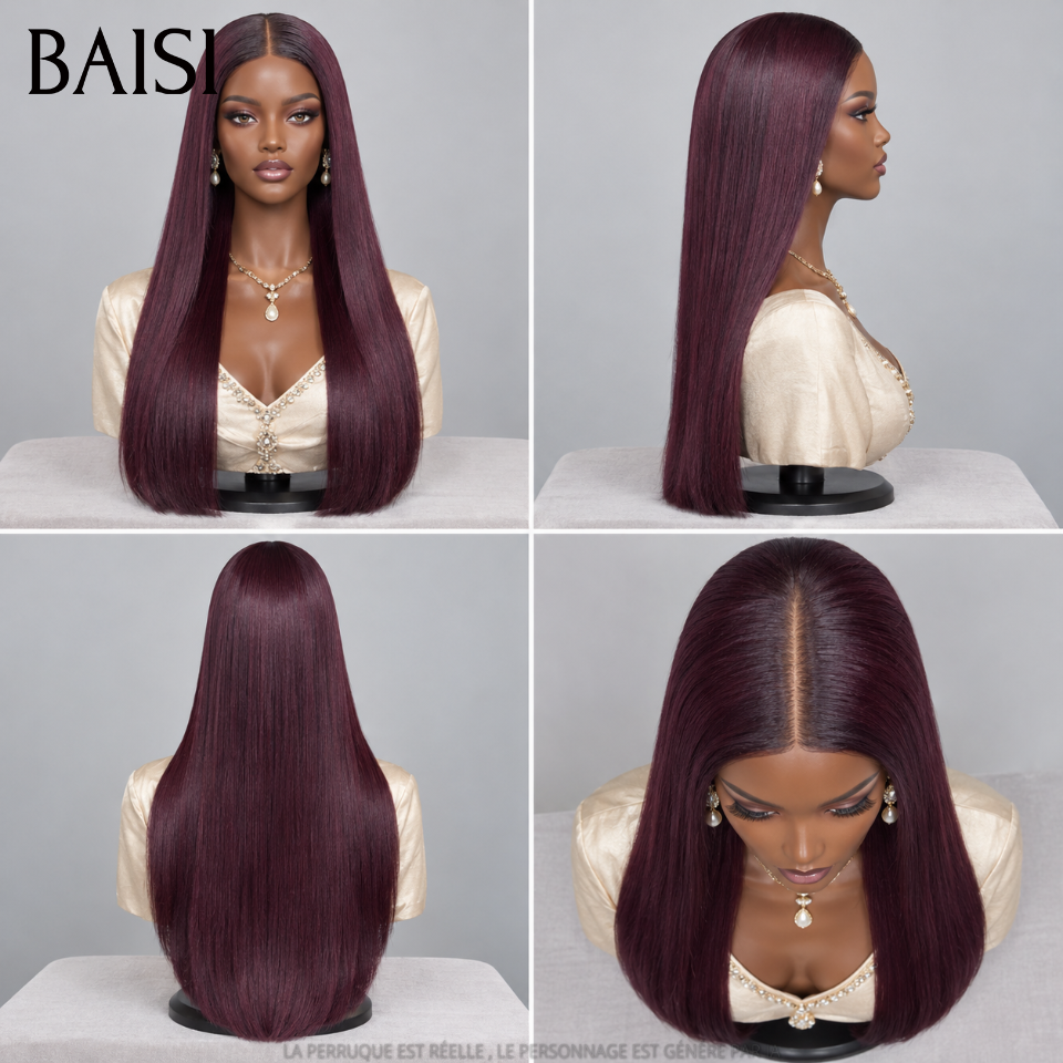 BAISI 13x4 Perruque Lisse Noir bordeaux 1B#99J en 100% Cheveux Humains Pré-plucked Pas Besoin de Colle en 100% Raw Hair Lace déjà couper