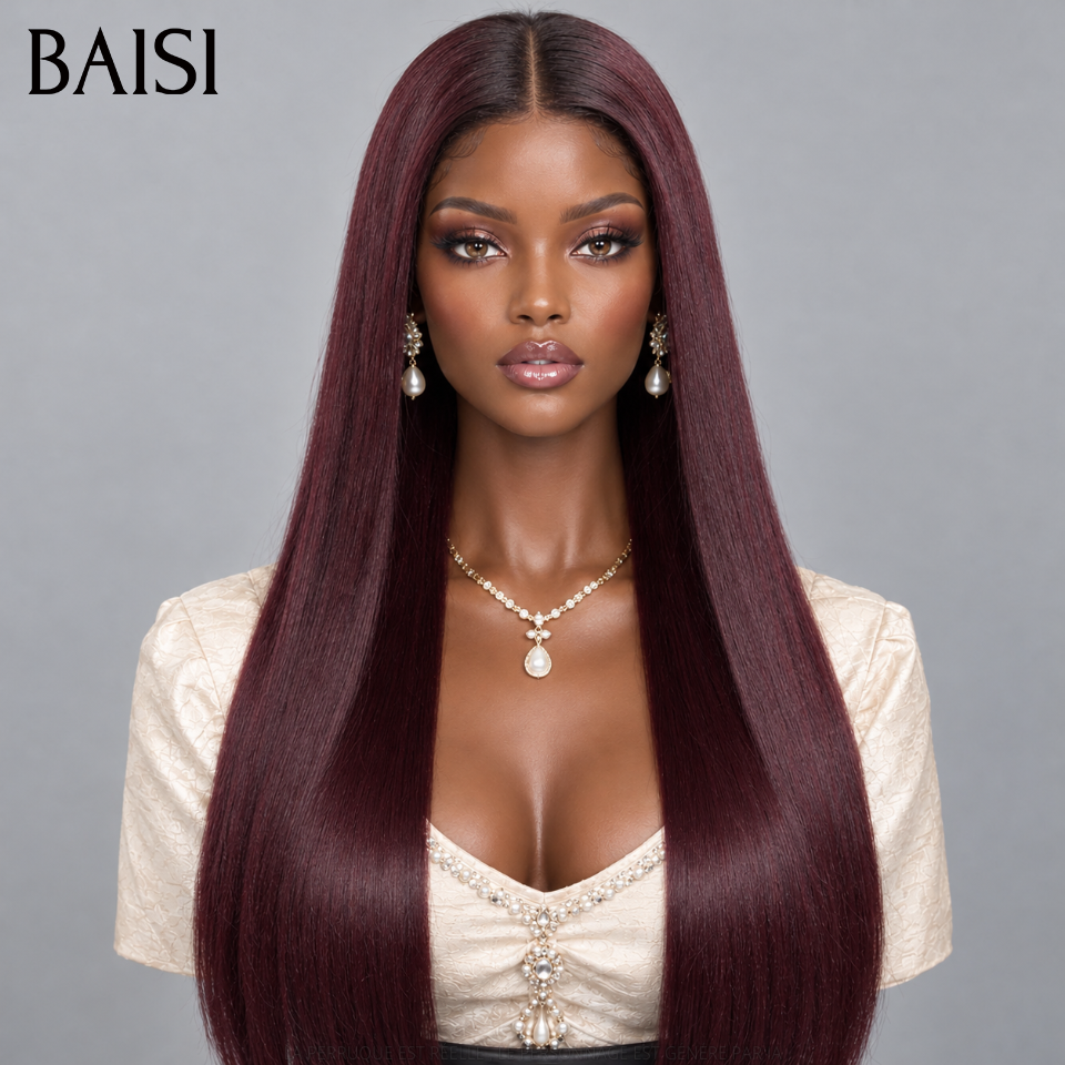 BAISI 13x4 Perruque Lisse Noir bordeaux 1B#99J en 100% Cheveux Humains Pré-plucked Pas Besoin de Colle en 100% Raw Hair Lace déjà couper