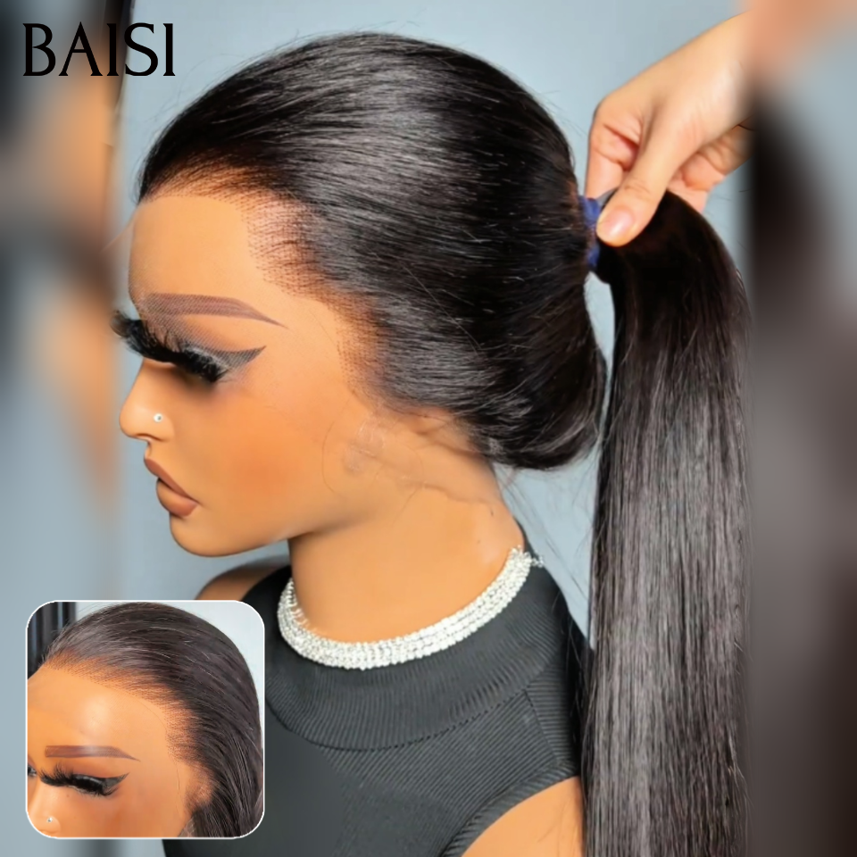 BAISI Perruque 360 Lace ou frontal Lace avec Queue de cheval Lisse 20 Pouces NOIR en 100% Cheveux Humains