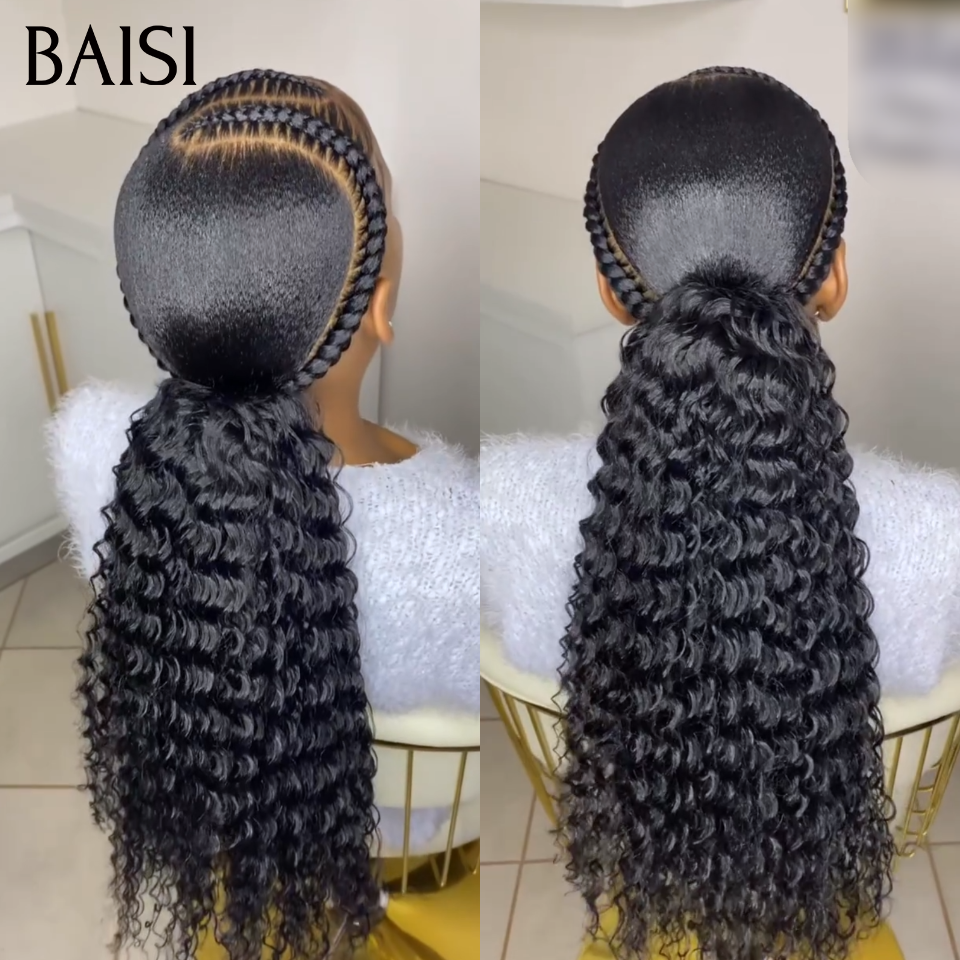 BAISI Full lace Perruque Deja Coiffée Devantures Nattes Courbée Curly Wave Noir 1B# Très Légère Et Contre Chaleur en 100% Cheveux Humains