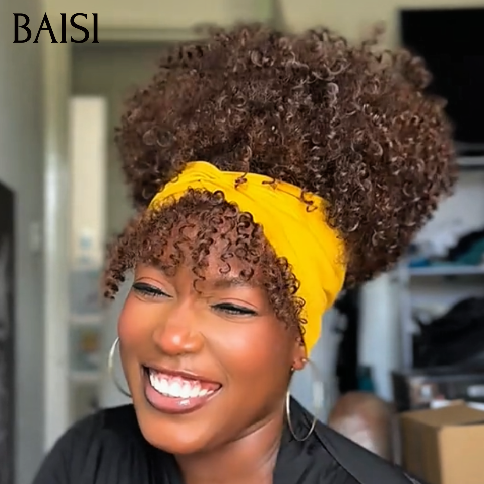 BAISI Perruque Afro Curly Crépues Couleur 4# Marron avec Frange Sans Colle Sans Lace Facile à Changer de Look Style Bamboucha Super En Vogue 400% densité en 100% Cheveux Humains