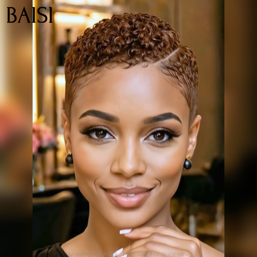 BAISI Full Lace Perruque Pixie Courte Afro Déjà Coiffée Couleur Marron 4# 135€ Naturellement élégante en 100% Cheveux humains