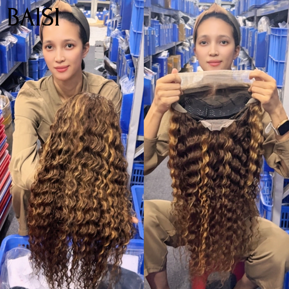 BAISI 13x4 Lace Perruque Curly Wave Bouclée Couleur Marron Mixte Miel 4/27# Jamais Démodée Look Irresistible en 100% Cheveux Humains