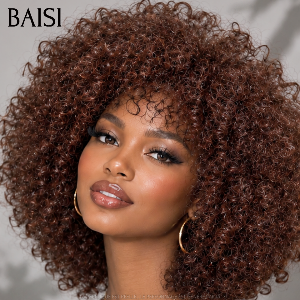 BAISI 2 Perruques 159€ promotion sans lace water wave avec Frange Bouclée Frisée 12 Pouces Volume de 250% Marron et NOIR en 100% Cheveux Humains