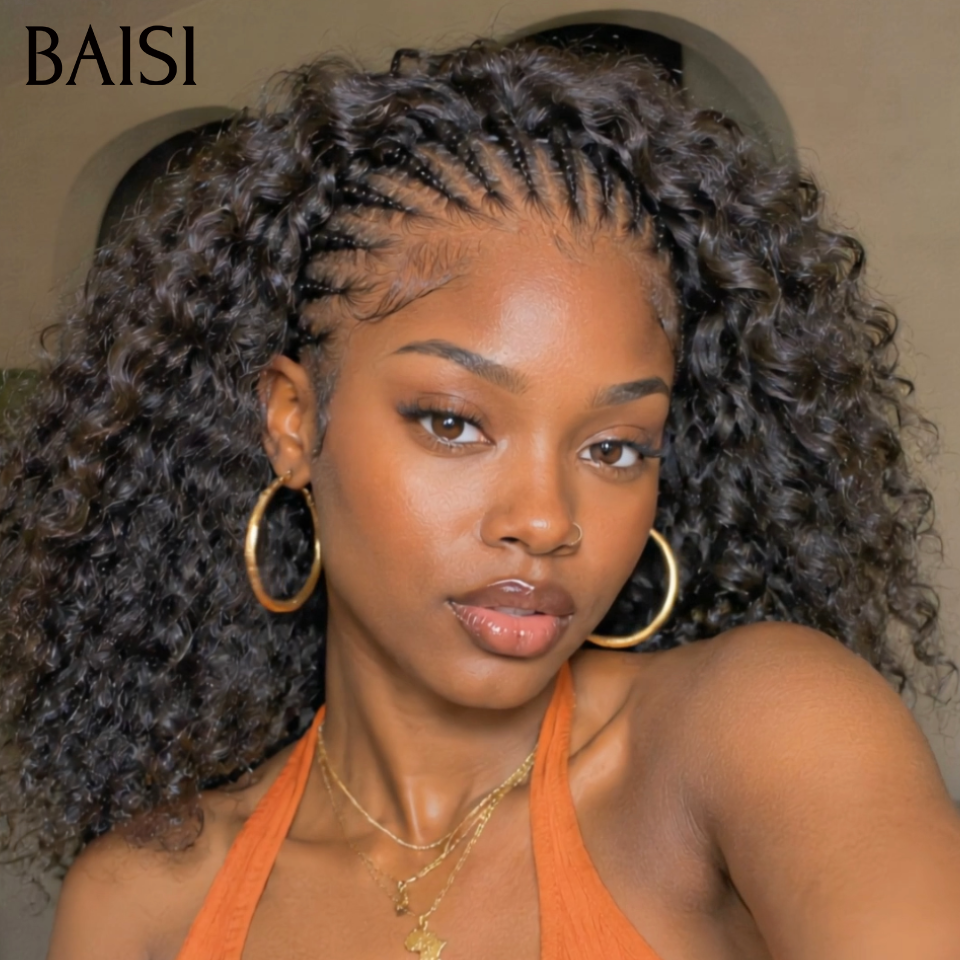 BAISI 13x4 lace Perruque Coiffée Curly Wave Bouclée Noir 1B# 10Pouces 86€ ou 14Pouces 136€ Seulement Avec Petites Nattes au devant Prêt à Porter en 100% Cheveux Humains (Copy)