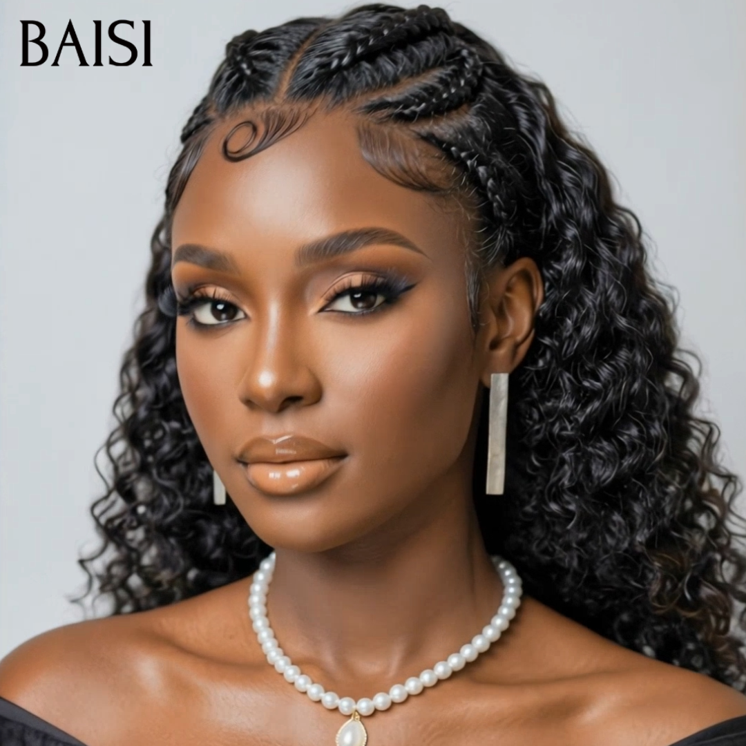 BAISI 13x4 Lace Perruque Curly Wave Déjà Coiffée Couleur Noir 16pouces et 20Pouces Coiffure Parfaite pour les Femmes Noires en 100% Cheveux humains