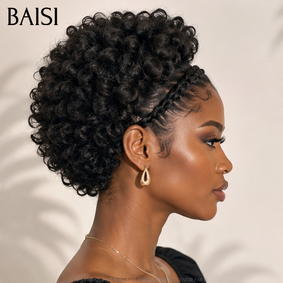 BAISI Arrivage Promo 64€ Facile à porter 13x4 lace frontal curly wave pixie avec coiffure tressée natte en 100% Cheveux Humains