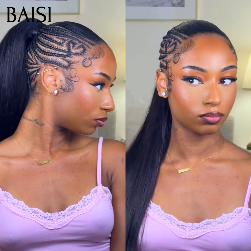 BAISI Full Lace Perruque Coiffée Lisse 20Pouces 180€ Couleur Noir 1B# Côtés Nattées Petites Fleurs Raffraîchissantes en 100% Cheveux humains