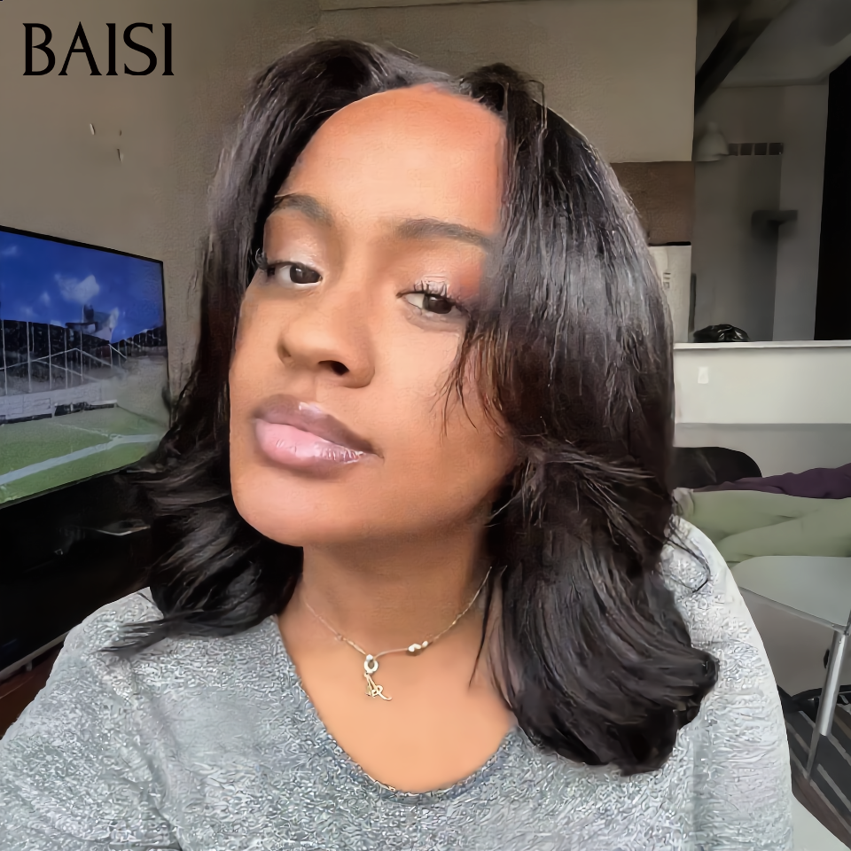 BAISI 13x4 Lace Perruque Sans Colle Avec Corde Body wave 12Pouces 129€ Coupe Dégradée Couleur Noir 1B# Chic et Tendance en 100% Cheveux humains