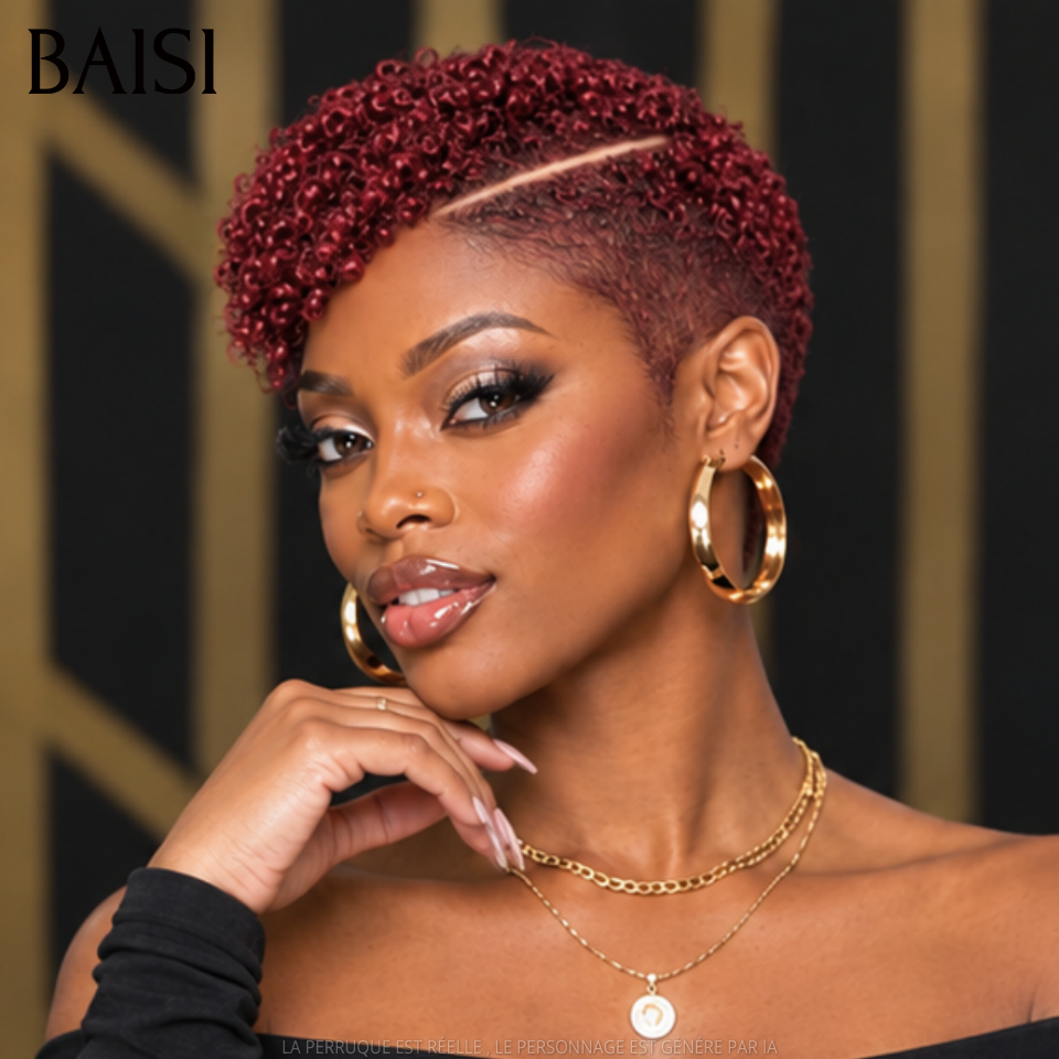 BAISI Full Lace Perruque Pixie Curly Courte Avec Raie de Côté 4 Couleurs Disponibles Coiffure Moderne Avec Dentelle Très Respirante en 100% Cheveux humains
