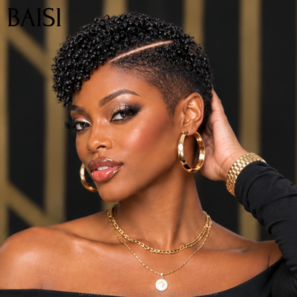 BAISI Full Lace Perruque Pixie Curly Courte Avec Raie de Côté 4 Couleurs Disponibles Coiffure Moderne Avec Dentelle Très Respirante en 100% Cheveux humains